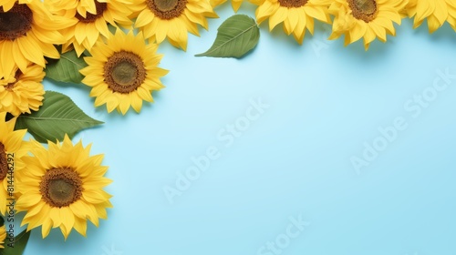 The image shows a beautiful arrangement of sunflowers against a solid blue background frame of sunflowers