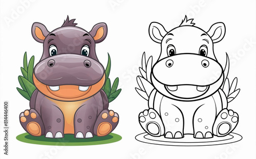 Kids coloring book page of a hippopotamus. photo