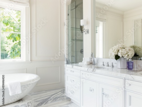 A luxury bathroom with a freestanding bathtub  marble countertops  a large mirror with backlighting  fluffy white towels  a rain shower  and elegant fixtures.
