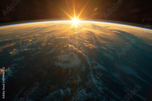 A breathtaking view of the sunrise as seen from the orbit of space, with the suns golden rays illuminating the curvature of the Earth against the vast, starstudded expanse of the cosmos  #814446435