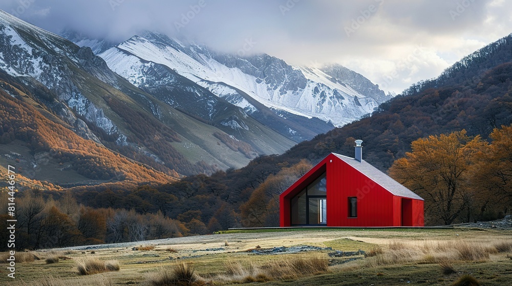 Casa Roja en Paisaje Aislado: Montañas del Norte de Europa Casa Roja en Paisaje Aislado: Montañas del Norte de Europa