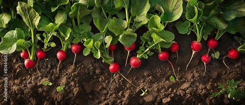 Craft a stunning, photorealistic aerial view of a vibrant radish field at sunrise, capturing the lush green leaves, the crisp red radishes, and the delicate soil patterns below