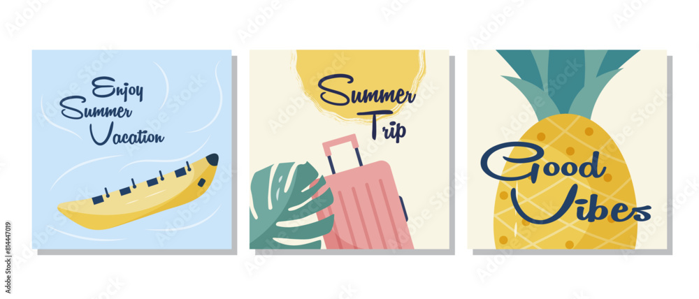 Set of summer vacation posters with a banana boat, pineapple and luggage. Vector illustrations in the style of travel posters or social media post templates, minimalism, pastel palette, vector. Set of summer vacation posters with a banana boat, pineapple and luggage. Vector illustrations in the style of travel posters or social media post templates, minimalism, pastel palette, vector.