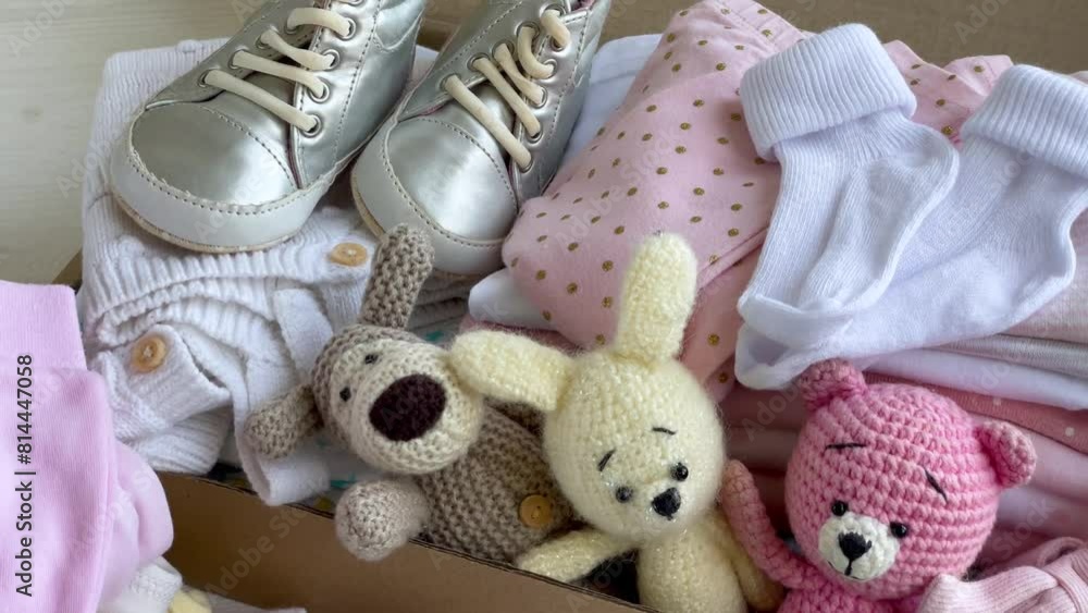 Baby and child clothes and knitted toys in carton box. Baby and child clothes and knitted toys in carton box.