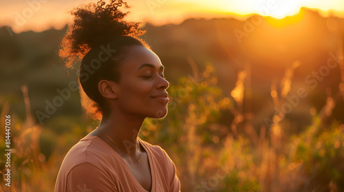 in weather young copy breathing meditating woman deep breathing air space happy warm female hour wellness african outdoors practicing black golden nature sunset fresh meditating american outside photo