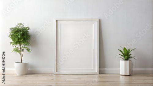 Clean White Wall Frame Mockup: A frame mockup hung on a clean white wall, providing a blank canvas for displaying artwork or photography with minimal distractions.	
 photo