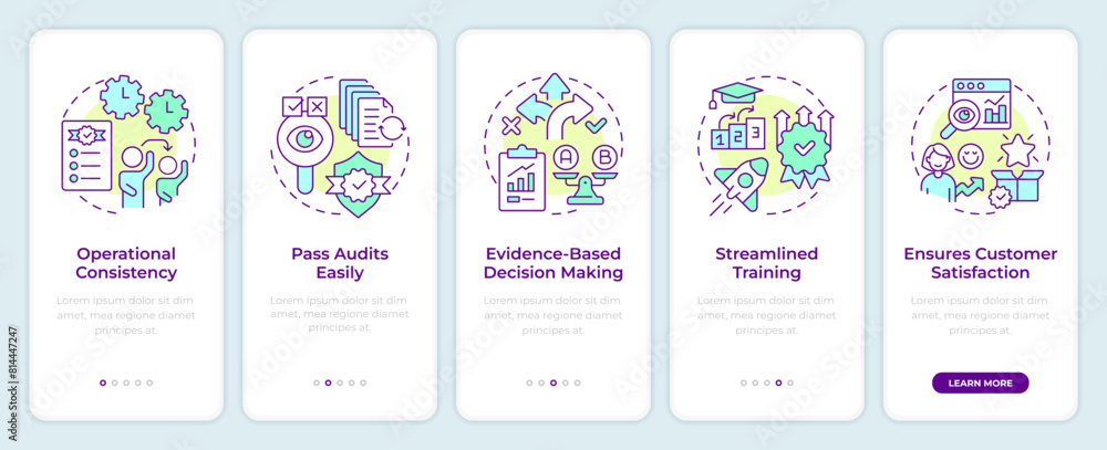 QMS benefits onboarding mobile app screen. Lean management. Walkthrough 5 steps editable graphic instructions with linear concepts. UI, UX, GUI template. Montserrat SemiBold, Regular fonts used QMS benefits onboarding mobile app screen. Lean management. Walkthrough 5 steps editable graphic instructions with linear concepts. UI, UX, GUI template. Montserrat SemiBold, Regular fonts used