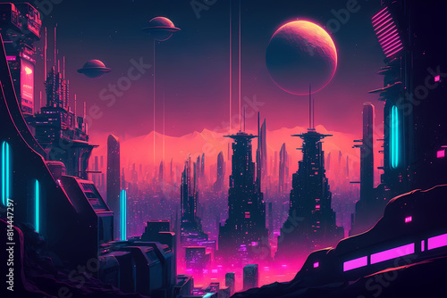 A futuristic city with a large planet in the background.