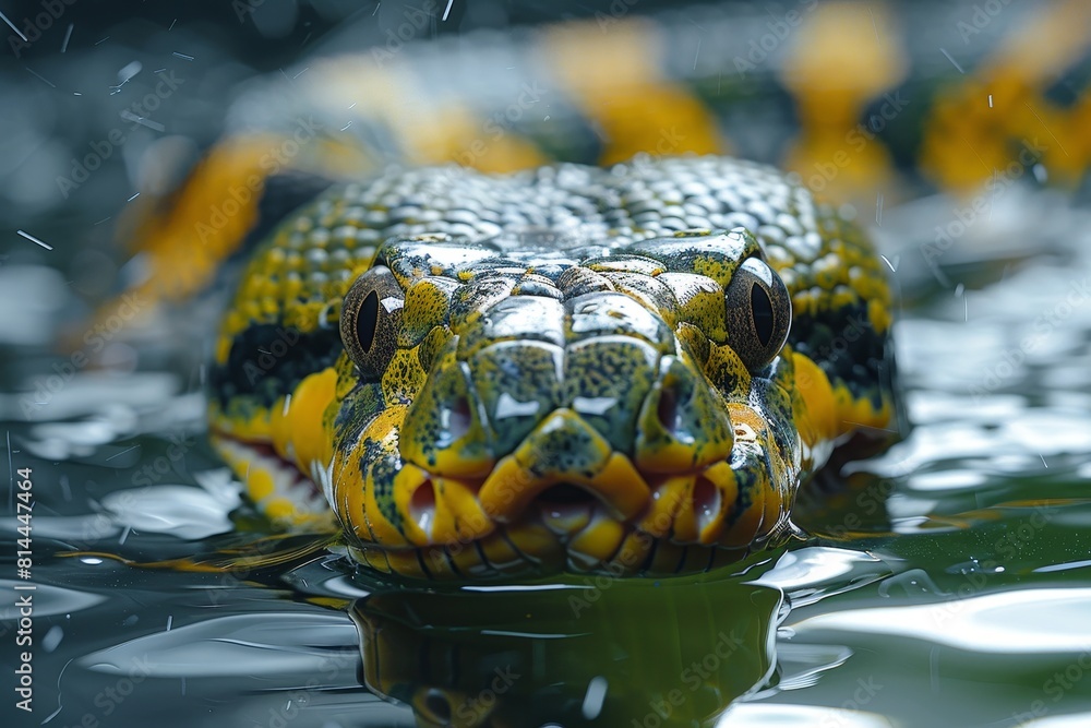 Fototapeta premium Green Anaconda: Swirling in water with coils visible, representing aquatic lifestyle.