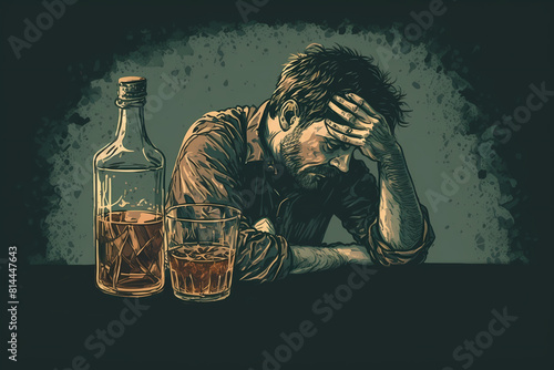 Alcohol addiction. A man is drinking whiskey at a table
