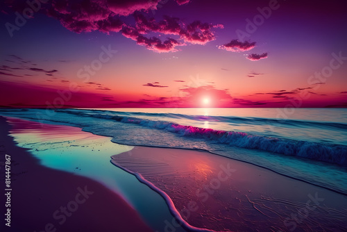 Stunning sunset over crashing waves on peaceful beach