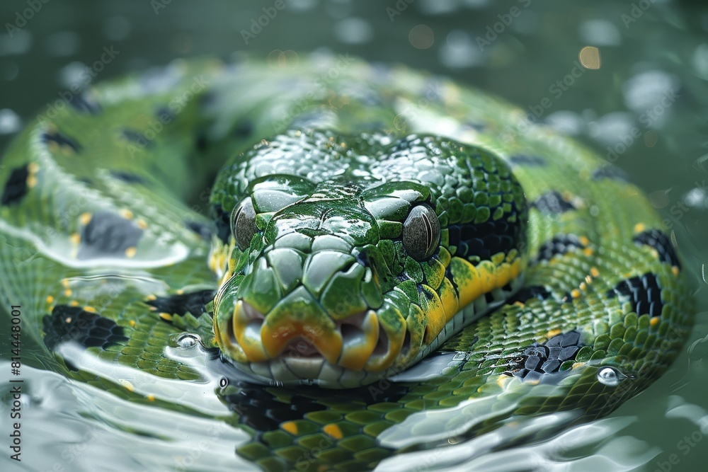 Fototapeta premium Green Anaconda: Swirling in water with coils visible, representing aquatic lifestyle.