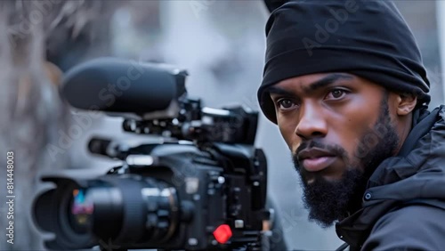 African American videographer in black durag with high-quality camera and gear. Concept Portrait Photography, Videography, Durag, African American, High-Quality Camera photo