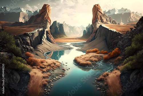 A River Flowing Through A Valley Surrounded By Mountains photo
