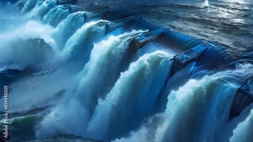 The Power of a Large Hydroelectric Dam: A Detailed Image of Water Harnessing Electricity. Concept Hydropower, Renewable Energy, Engineering Marvel, Water Resource Management photo