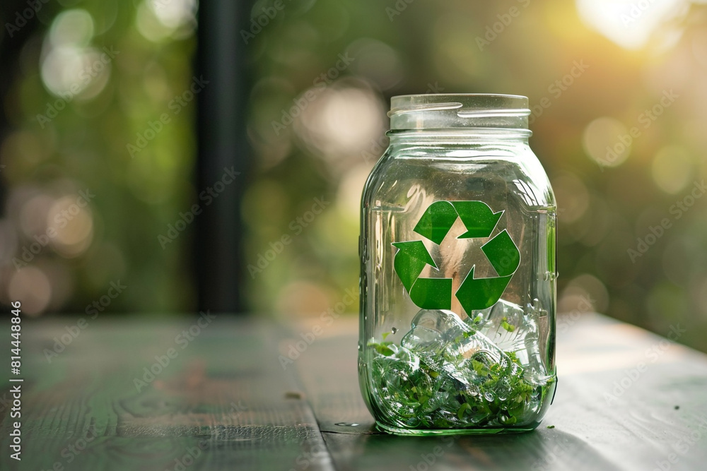 A clear glass jar with a green recycling symbol emblazoned on it, promoting eco-friendly practices by encouraging the reuse of glass containers instead of single-use plastics A clear glass jar with a green recycling symbol emblazoned on it, promoting eco-friendly practices by encouraging the reuse of glass containers instead of single-use plastics