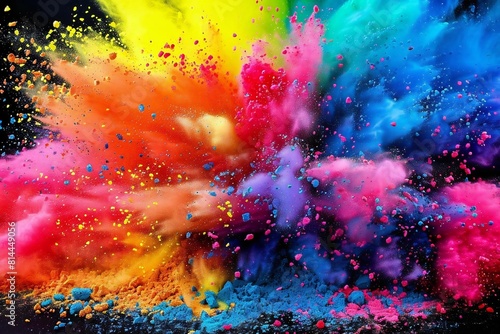 Freeze Frame Explosion of Abstract Spring Hues: Vibrant Colored Powder Burst on Dark Background