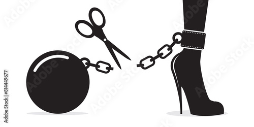 Scissors cut chain on woman legs and free her from shackles. Overcoming obstacles, feminine power. Human rights, gender equality. Success in career and business.