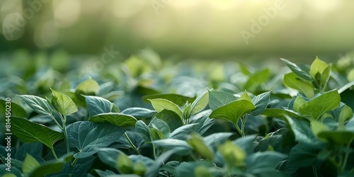 Green soybean plants growing in a lush agricultural field. Concept Agriculture  Soybeans  Green Plants  Growing Season  Farming