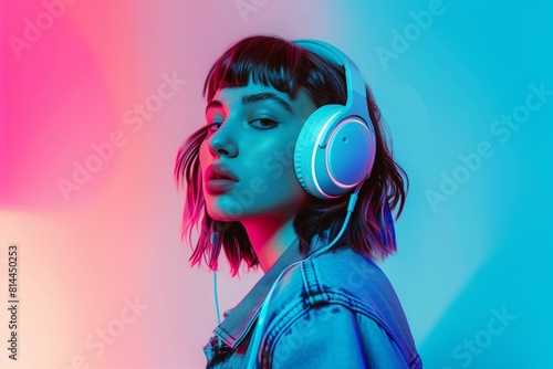 Beauty woman with headphones looking at the camera illuminated by neon lights