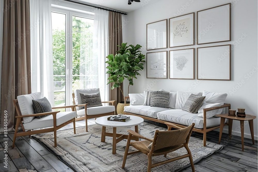 Fototapeta premium Modern White Living Room featuring Empty Picture Frame Design Template