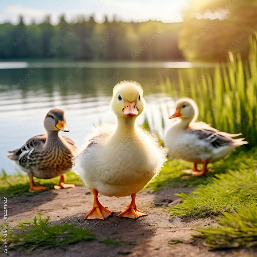 cute ducks standing on the grassy ground near the lakea flock of amazing ducks around a lake geese,generate ai cute ducks standing on the grassy ground near the lakea flock of amazing ducks around a lake geese,generate ai