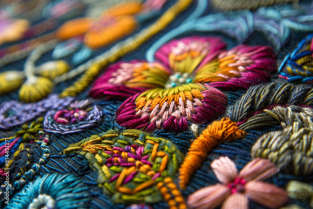 A close-up view of intricate classic embroidery, showcasing the detailed stitch work and vibrant colors of textile arts A close-up view of intricate classic embroidery, showcasing the detailed stitch work and vibrant colors of textile arts