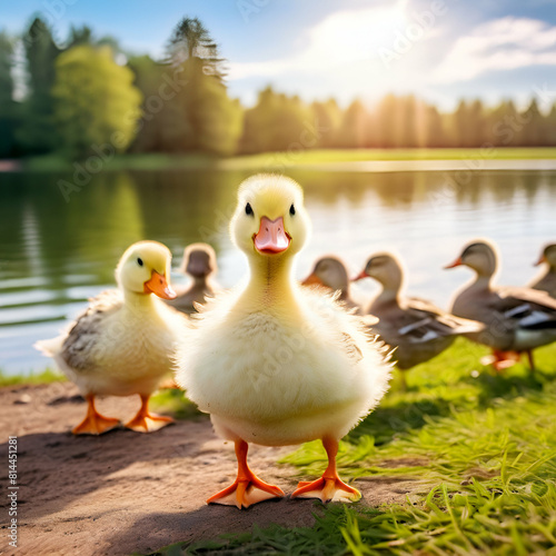 cute ducks standing on the grassy ground near the lakea flock of amazing ducks around a lake geese,generate ai photo