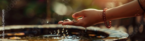 A bracelet with a fortune symbol on a wrist, captured as the hand tosses coins into a wishing well, symbolizing luck and aspirations photo