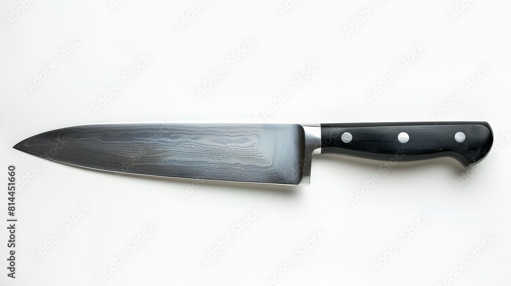 Professional studio lighting on a big kitchen knife, top view emphasizing focus and clarity on an isolated white background for ads Professional studio lighting on a big kitchen knife, top view emphasizing focus and clarity on an isolated white background for ads