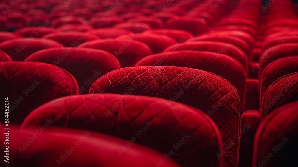 Fototapeta premium Plush red theater seats, captured up close in neat rows with a focus on clarity, isolated background and studio lighting for ads