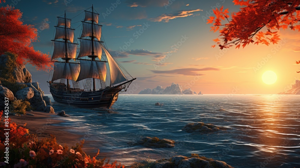 Obraz premium Serene Sunset Scene with Wooden Ship