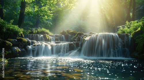 Serene Nature Scene  Waterfall  Pond  and Surroundings Unite in Harmony