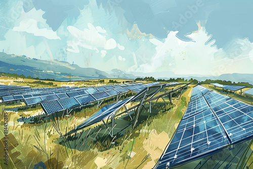 A conceptual illustration of a large scale solar panel farm project, with rows of photovoltaic panels spread across an open field, depicted as an project sketch 