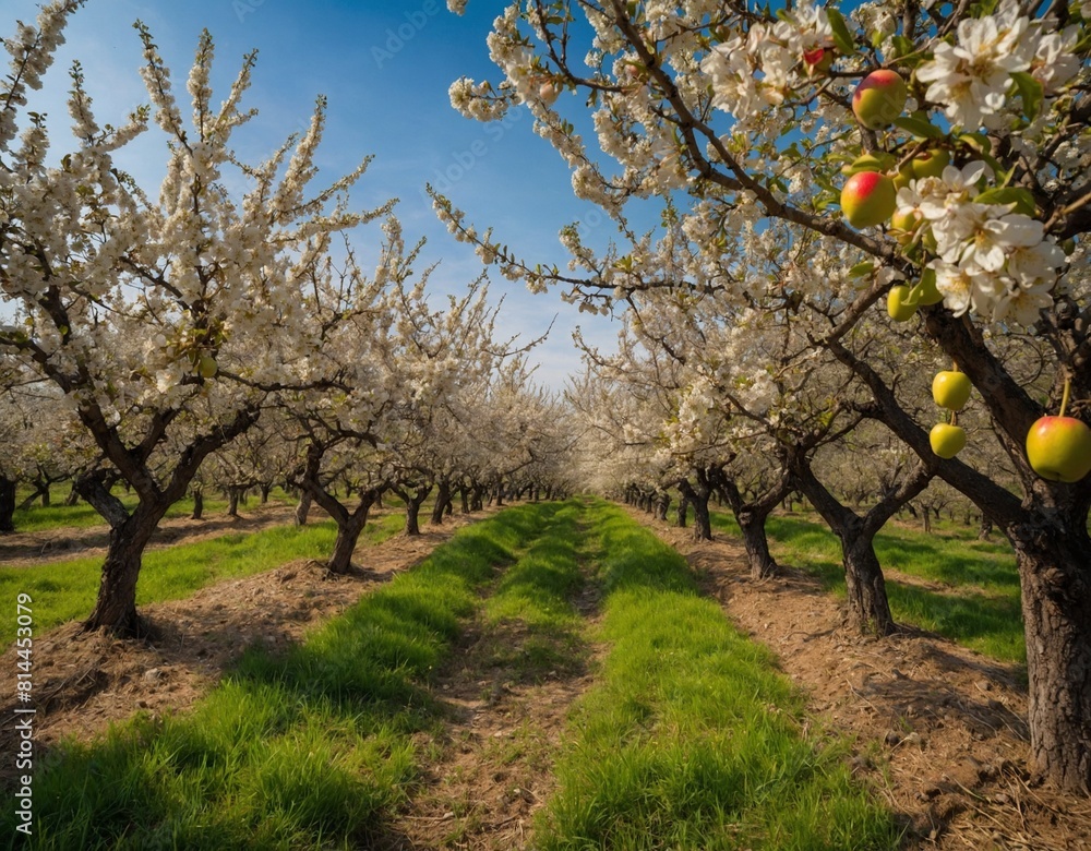 Marvel at the seasonal beauty of a countryside orchard in full bloom with fruit-laden trees.