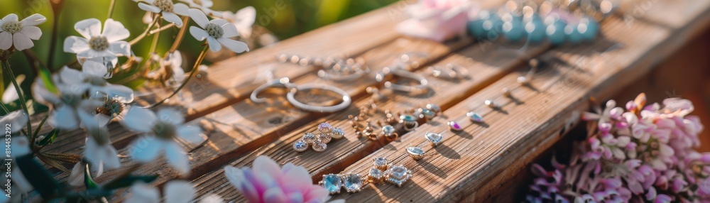 Lifestyle shot of various daily jewelry options spread across a lush garden bench, illustrating the natural transition and variety of choices each new day brings Lifestyle shot of various daily jewelry options spread across a lush garden bench, illustrating the natural transition and variety of choices each new day brings