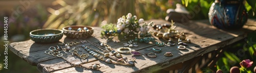 Lifestyle shot of various daily jewelry options spread across a lush garden bench, illustrating the natural transition and variety of choices each new day brings
