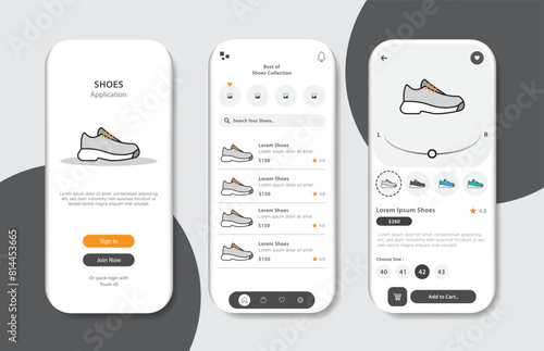 Online shoe store design for mobile applications. Shoe purchasing platform screen. Graphical user interface for responsive mobile applications