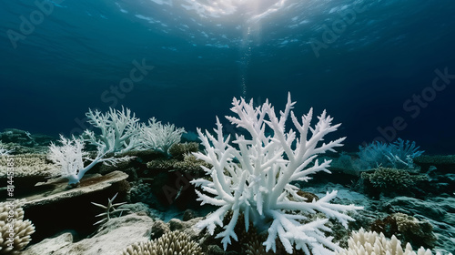 Coral reef bleaching caused by climate change, global warming, water pollution and human action. Underwater photography of white coral reef in the ocean. photo