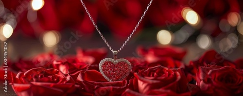 Elegant neck wearing a heartshaped pendant, captured against a backdrop of softly blurred red roses, symbolizing deep romantic love