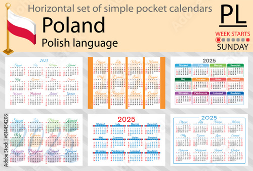 Polish horizontal set of pocket calendar for 2025. Week starts Sunday