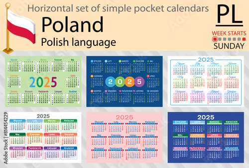 Polish horizontal set of pocket calendar for 2025. Week starts Sunday