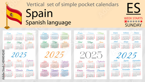 Spanish vertical set of pocket calendar for 2025. Week starts Sunday