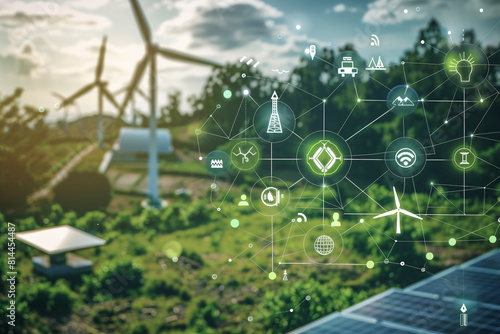 A conceptual image showcasing the integration of green energy solutions and sustainable power engineering, with symbols like wind turbines, solar panels, and eco-friendly technology 