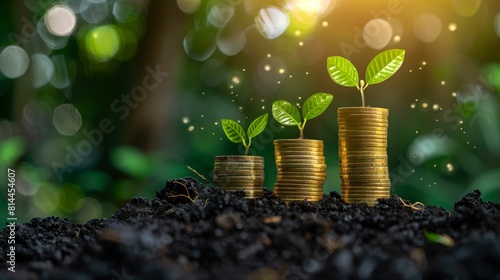Financial Growth in Nature's Embrace: A Seedling Plants atop of a Pile of Coins Against a Green Background