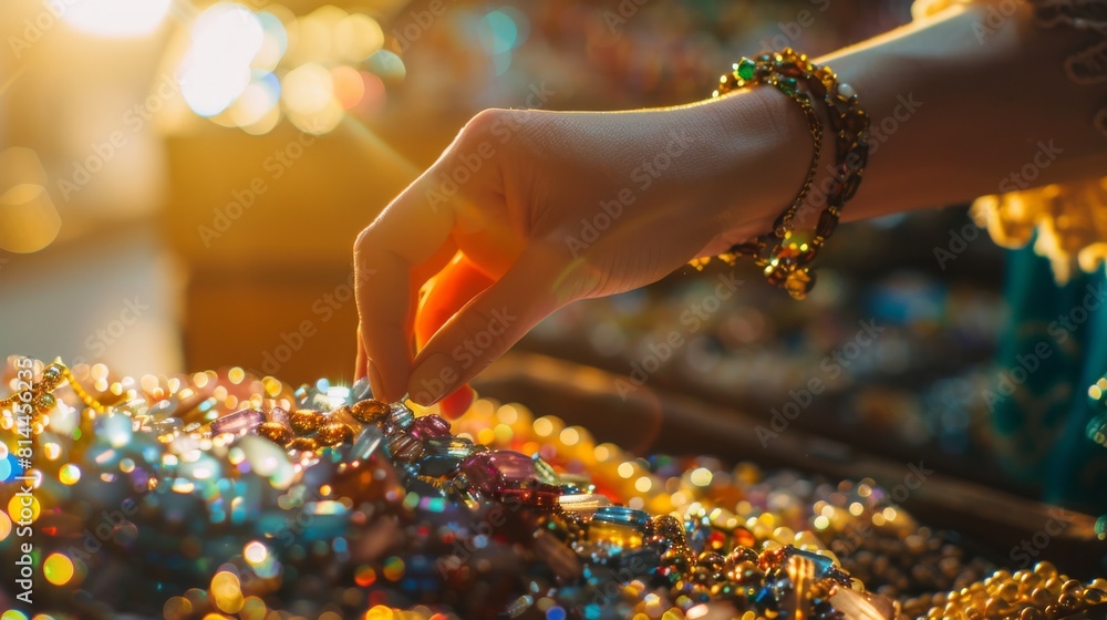 Closeup of a hand selecting from a variety of colorful, changeable jewelry pieces, set against the backdrop of a sunlit window to signify a new day Closeup of a hand selecting from a variety of colorful, changeable jewelry pieces, set against the backdrop of a sunlit window to signify a new day