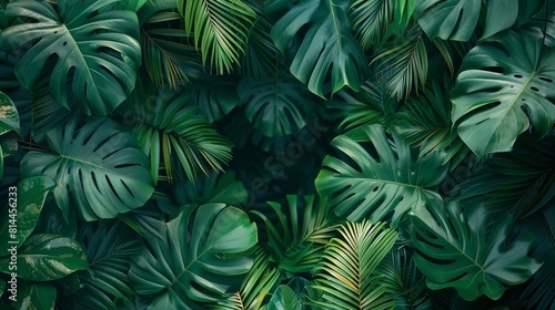 A pattern featuring various tropical leaves like palm  monstera  and banana leaves. 
