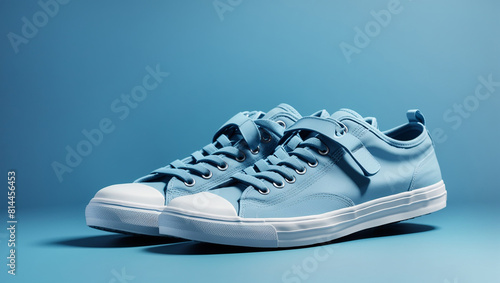 blue sneakers with white soles and white laces against a blue background.