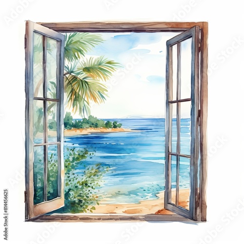 An open window overlooking a sea watercolor clipart illustration on white background