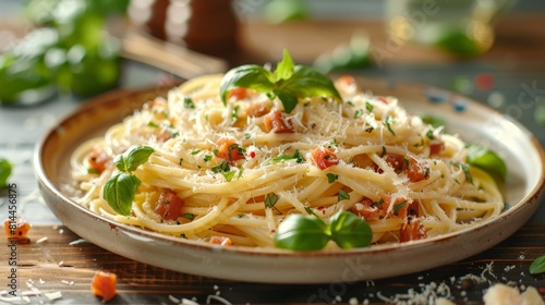 A plate of Spaghetti Carbonara on a wooden table with sprinkled parmesan cheese and fresh basil leaves